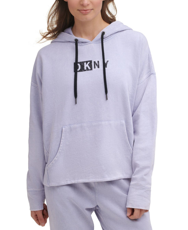 DKNY Womens Cotton Logo Graphic Hoodie,Pale Blue,X-Large