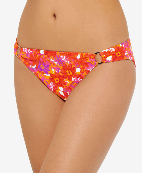Hula Honey Juniors Bold Bouquet Printed Ring Bikini Bottom,Orange/Pink Multi,X-Large