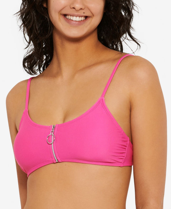 Hula Honey Juniors Solid Zipper Bralette Bikini Top,Pink,X-Large