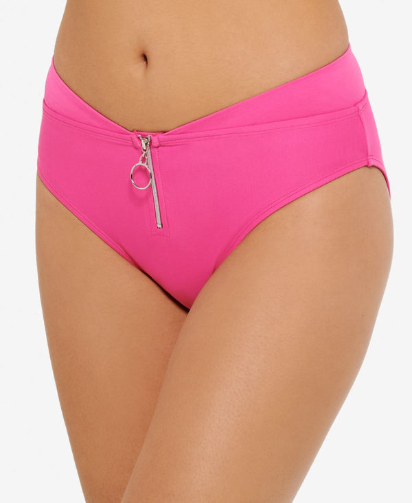 Hula Honey Juniors Zippered High-Waist Bikini Bottoms,Pink,Medium