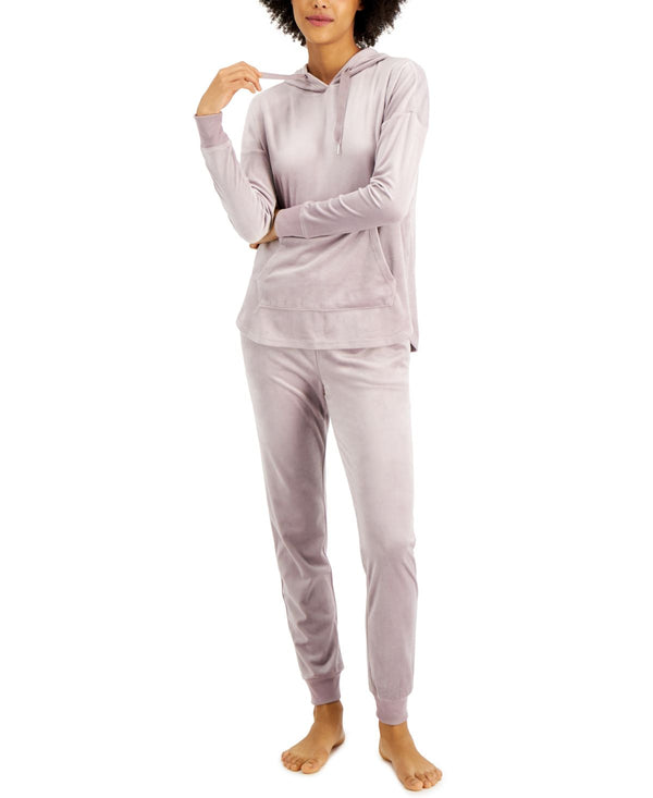 Alfani Velour Hoodie And Pants Pajama Set Womens,Purple Swan,X-Large