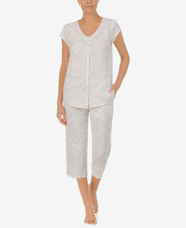 Eileen West Womens Cotton Printed Cap-Sleeve Top & Capri Pajama Pants Set,Small