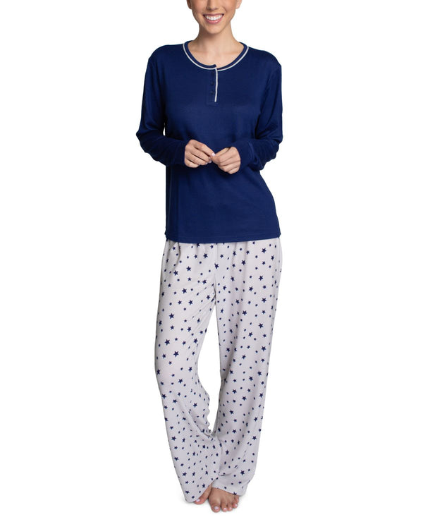 Hanes Womens Henley Top and Printed Pants Pajama Set,Medium