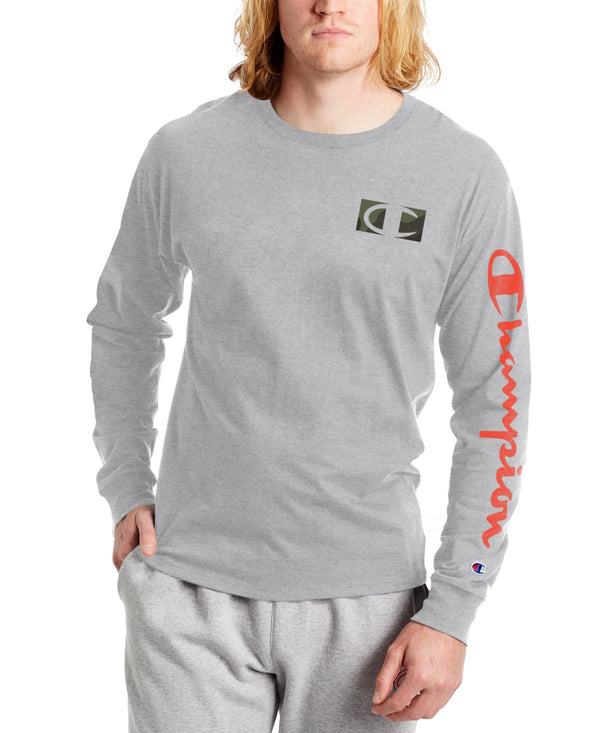 Champion Mens Graphic Logo Long Sleeve Logo T-Shirt,Gray,Medium