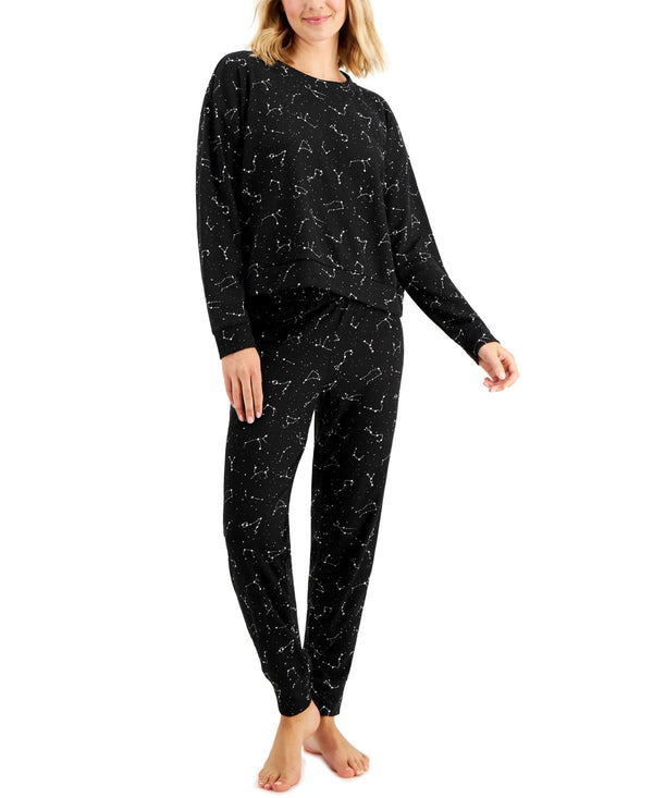 Jenni Womens Long Sleeve Waffle Pajama Top and Jogger Set,Black,Medium