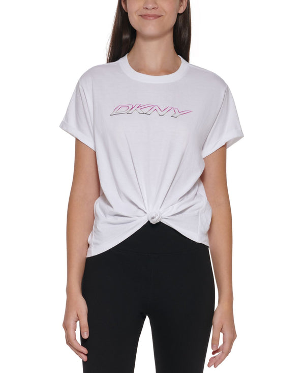 DKNY Womens Logo Knotted Cotton T-Shirt,White,X-Small