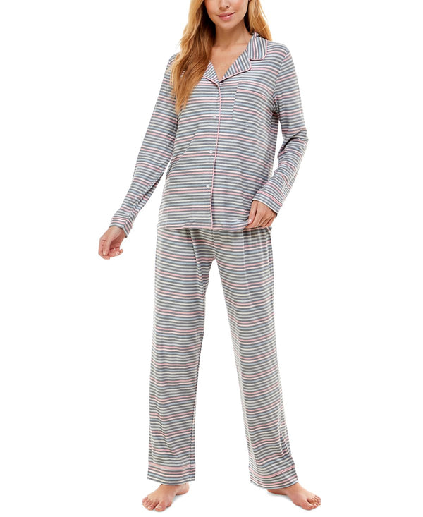 Jaclyn Intimates Womens Printed Notch-Collar Top & Pants Pajama Set,Pan Stripe,Large
