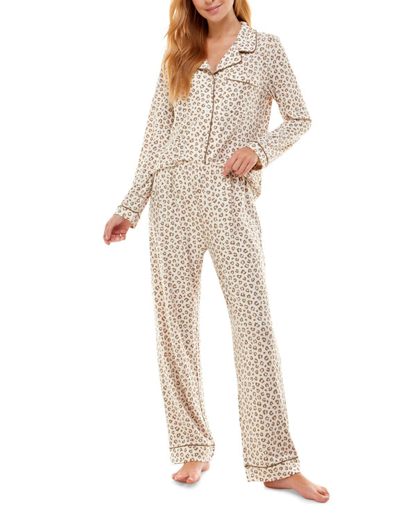 Jaclyn Intimates Womens Printed Notch-Collar Top & Pants Pajama Set,Small