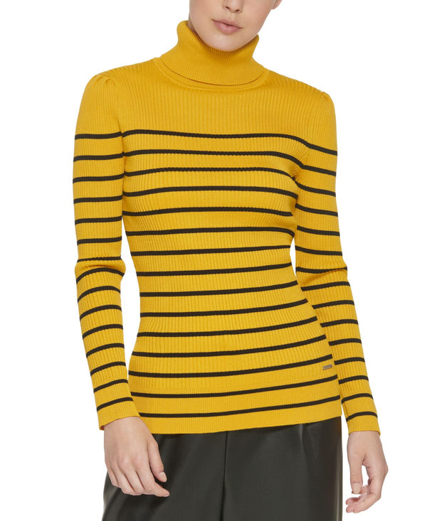 DKNY Womens Striped Ribbed Turtleneck Sweater,Halo Yellow/Black,X-Large