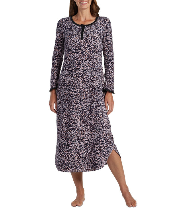 Miss Elaine Womens Henley Style Long Knit Nightgown,Brown Leopard,Medium