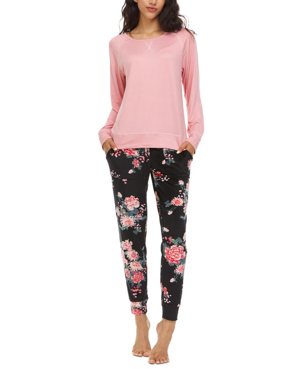 Flora by Flora Nikrooz Womens Solid T-Shirt and Printed Velour Pajama Pants Set,Dark Pink,Medium
