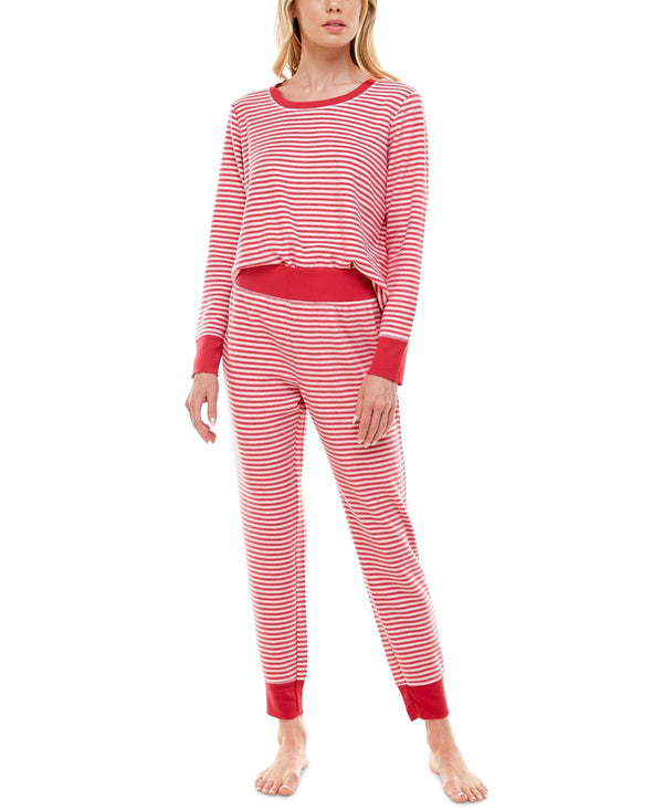 Roudelain Womens Long Sleeve Top and Leggings Pajama Set,Magazine Stripe Crimson/white,Medium
