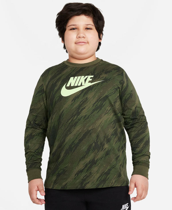 Nike Big Boys Sportswear Printed Long-Sleeve T-Shirt,Green,Large Plus