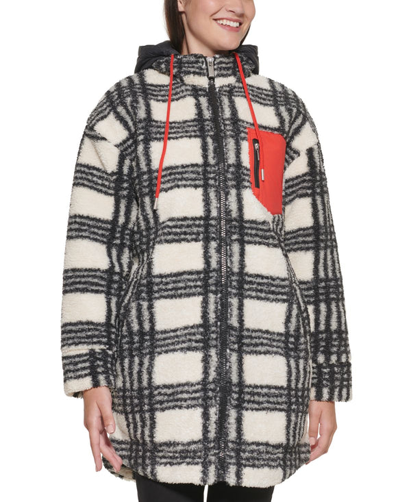 Calvin Klein Womens Curly Plaid Removable-Hood Jacket,X-Small