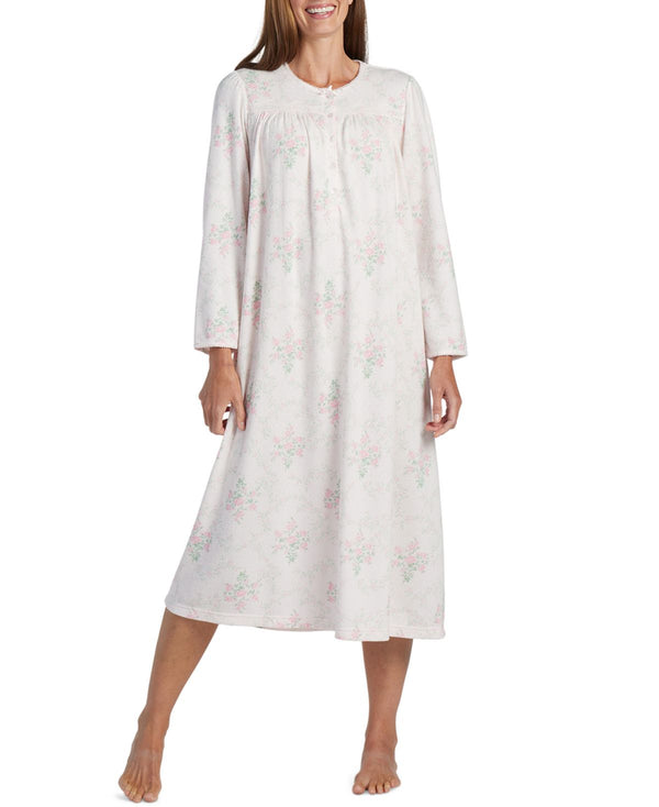Miss Elaine Womens Floral-Print Long Sleeve Nightgown,Lavender Floral On Ivory,Small