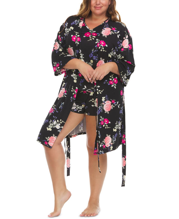 Flora by Flora Nikrooz Womens Plus Size Hannah Wrap Robe, Tank Top & Shorts Travel Pajama Set,1X