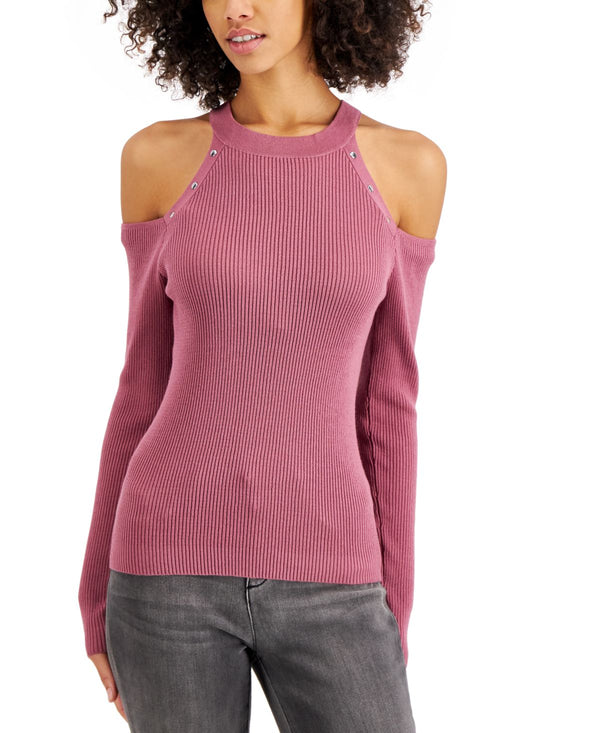 Hooked Up by IOT Juniors Stud-Embellished Cold-Shoulder Sweater,Dark Rose,Medium