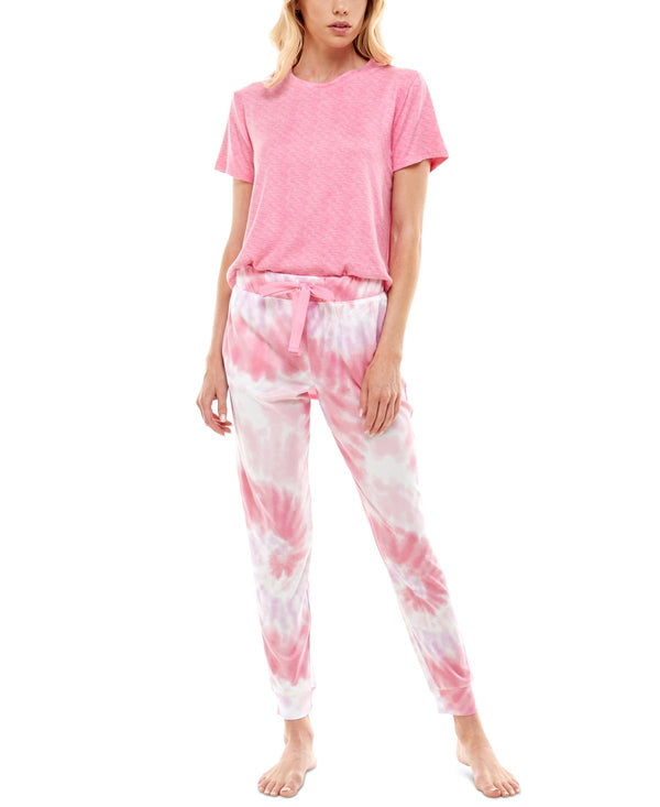 Roudelain Womens Whisper Luxe Short Sleeve Top and Jogger Pants Pajama Set,Flamingo Pink Spacedyetidal,X-Large