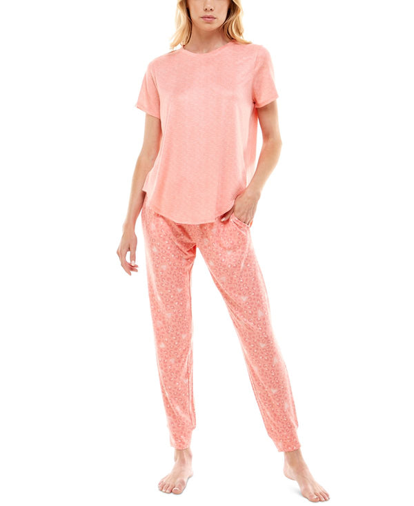 Roudelain Womens Whisper Luxe Short Sleeve Top and Jogger Pants Pajama Set,Flamingo Pink Spacedyetidal,Large