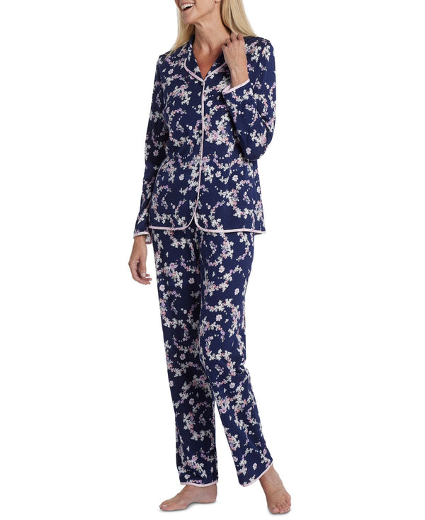 Miss Elaine Womens Floral-Print Notch-Collar Pajama Set,Large