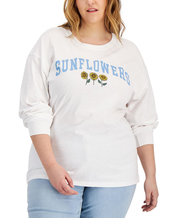 Mad Engine Womens Trendy Plus Size Sunflowers Long-Sleeve T-Shirt,White,3X