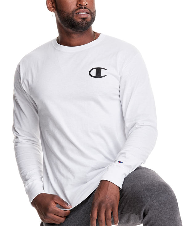 Champion Mens Classic Cassette Logo Graphic Long-Sleeve T-Shirt,White,Large
