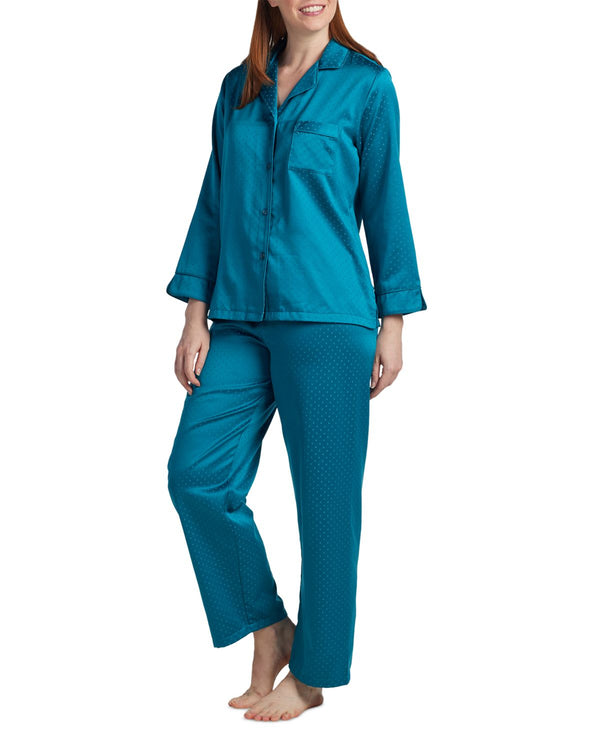 Miss Elaine Womens Petite Notched-Collar Pajamas Set,Teal,Medium