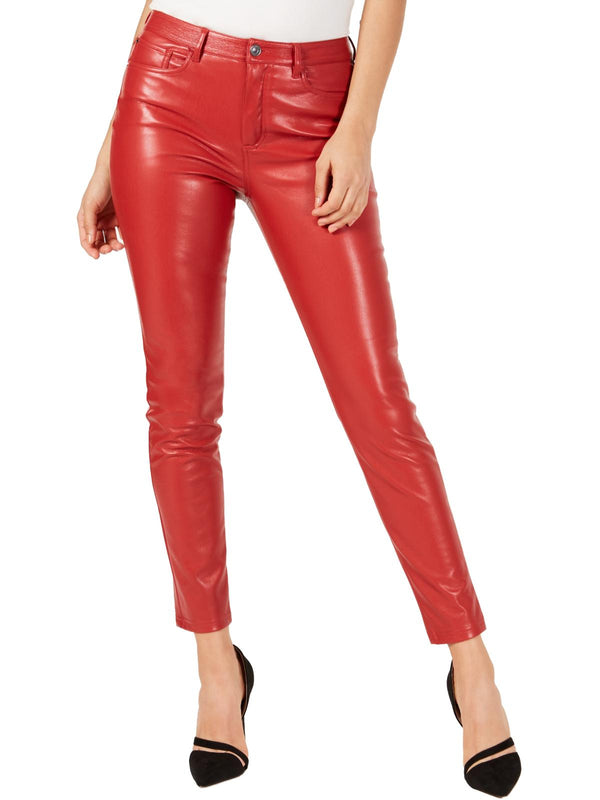 GUESS Womens Faux-Leather Flat-Front Skinny Pants,Red Stripe,0