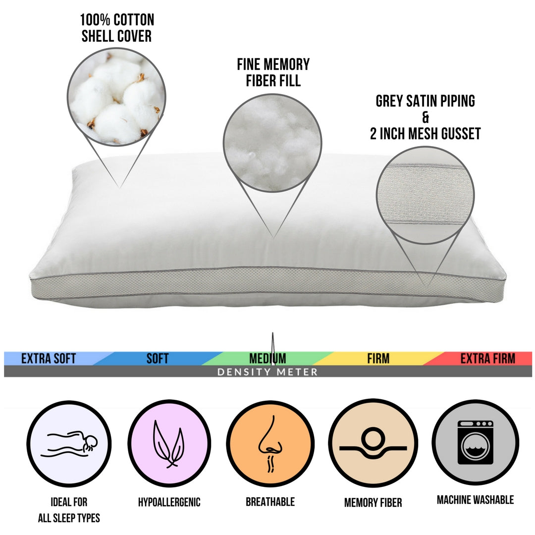 Memory Fiber Pillow 100% Cotton Luxurious Mesh Gusseted Shell All Sleeper Pillow