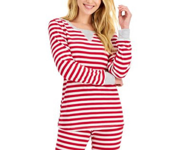 Family Pajamas Womens Striped Waffle-Knit Pajama Top,Red Stripe,Large