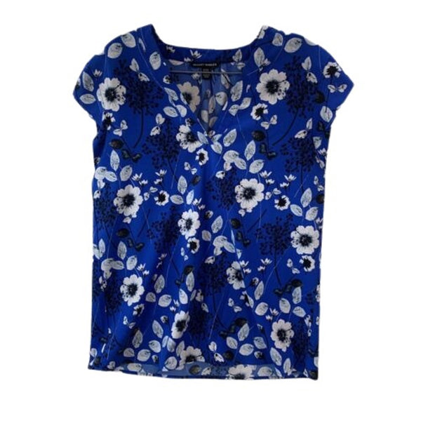 Hilary Radley Womens Floral Print Short Sleeve V-Neck Top,Navy Blue,Small