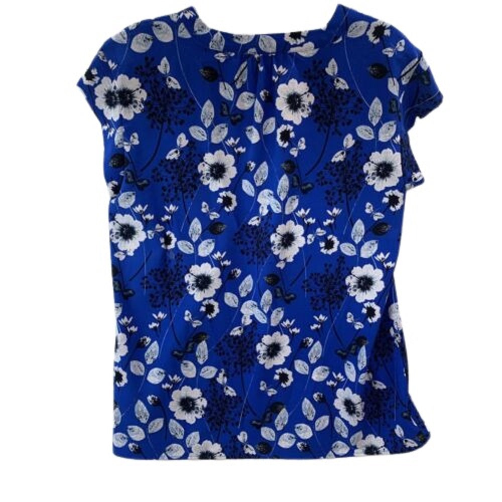 Hilary Radley Womens Floral Print Short Sleeve V-Neck Top,Navy Blue,Small