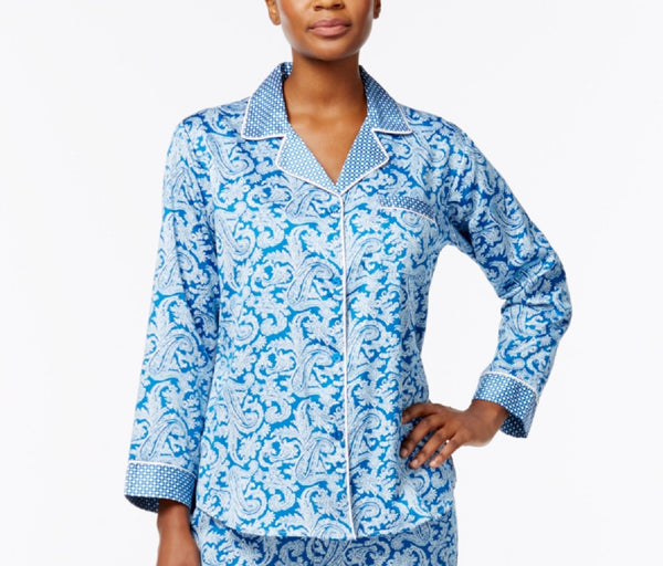Miss Elaine Womens Printed Satin Pajama Top,Navy,X-Large
