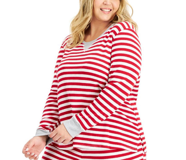 Family Pajamas Womens Plus Striped Waffle-Knit Pajama Top,Red/White Stripe,2X