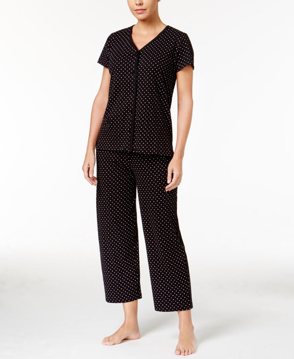 Charter Club Womens Short Sleeve Top and Cropped Pant Cotton Pajama Set,Black Duo Dot,Small