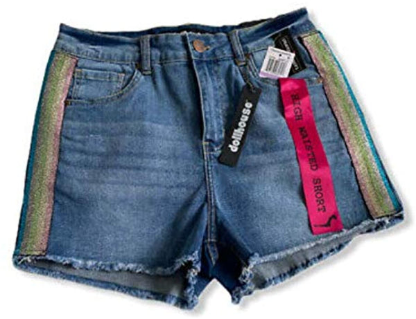 dollhouse Juniors Denim Rainbow Stripe Cutoff Shorts,Midtown Blue,9