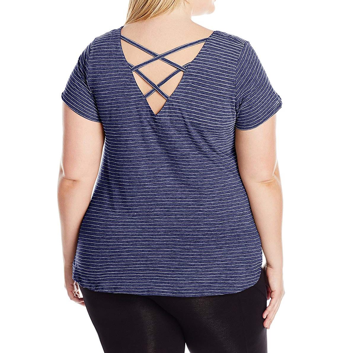 Calvin Klein Womens Performance Plus Size Slub Stripe Cris Cross T-Shirt
