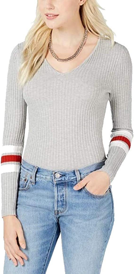 Hooked Up by IOT Juniors Lace-Up Varsity-Stripe Sweater