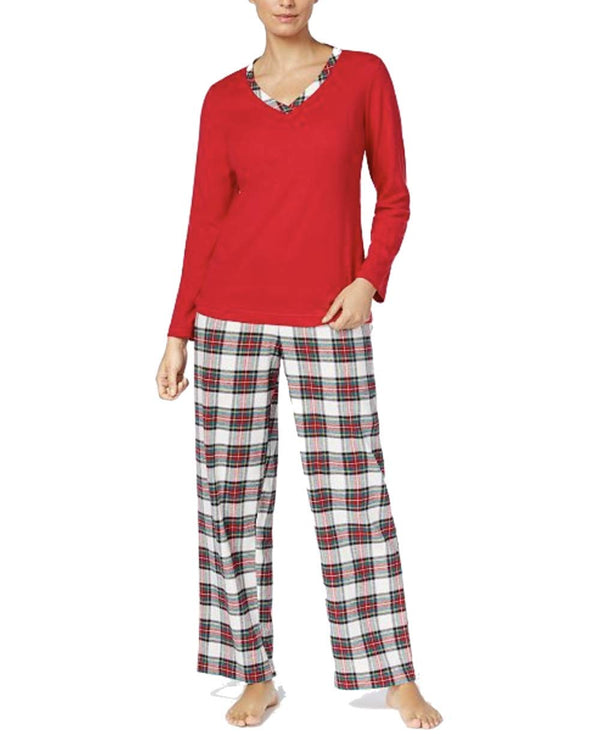 allbrand365 designer brand Womens Knit Top Flannel Bottom Pajama Set