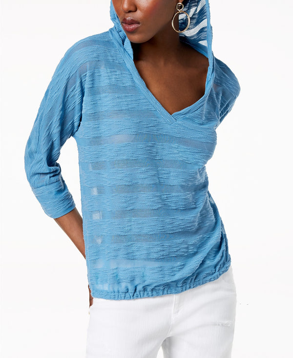 INC International Concepts Womens Striped Hoodie Chambray Blue S