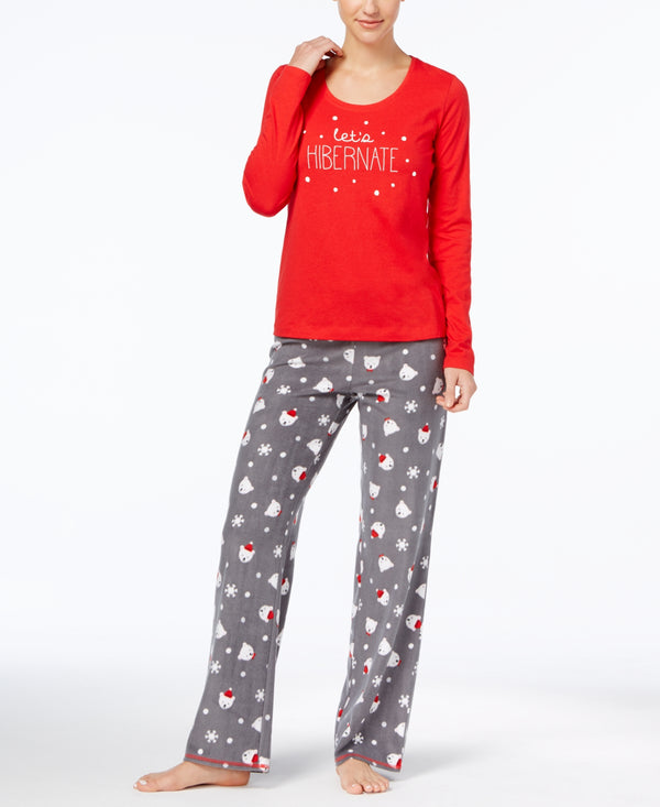 Jenni by Jennifer Moore Womens Top and Printed Fleece Pants Pajama Set