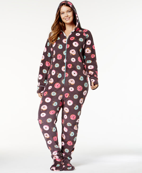 Jenni By Jennifer Moore Womens Plus Size Hooded Printed Footed Jumpsuit Donut 1X