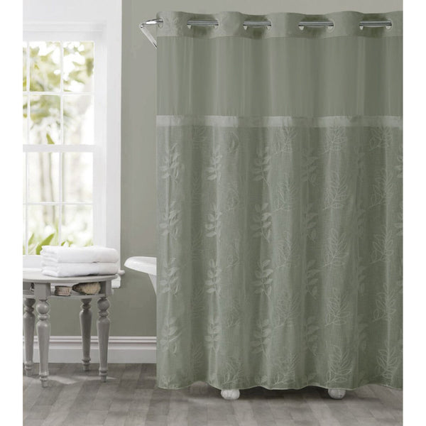 Hookless Palm Leaves Embroided PEVA Lined Shower Curtain