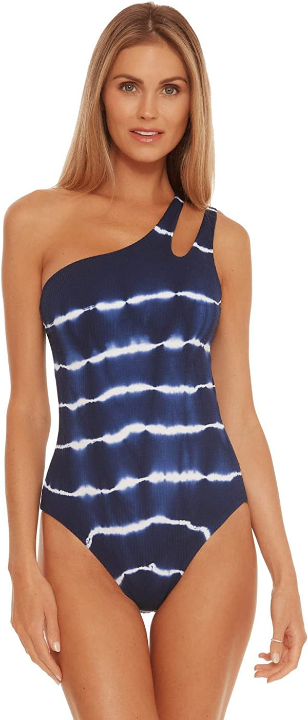 BECCA Womens Voilet Asymmetrical One Piece Swimsuit,Navy Blue,Medium