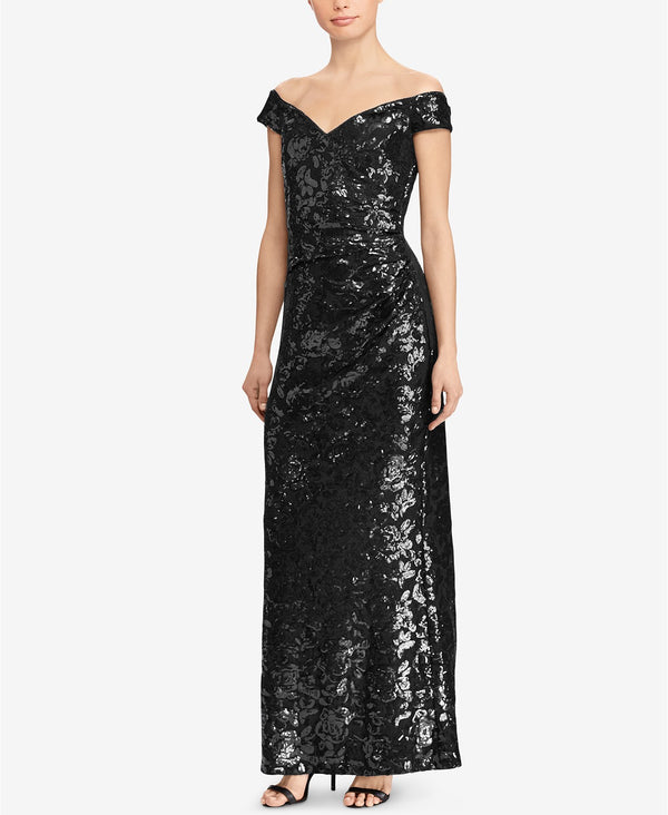 Lauren Ralph Lauren Womens Off-The-Shoulder Sequin Gown Black 12
