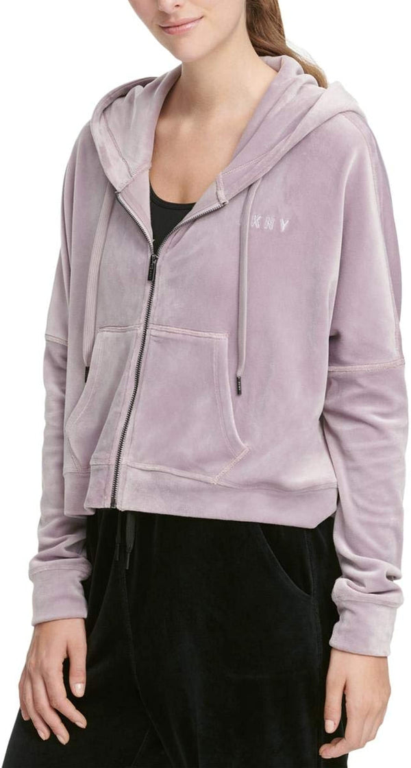 DKNY Womens Velour Full Zip Hoodie,Purple,X-Large