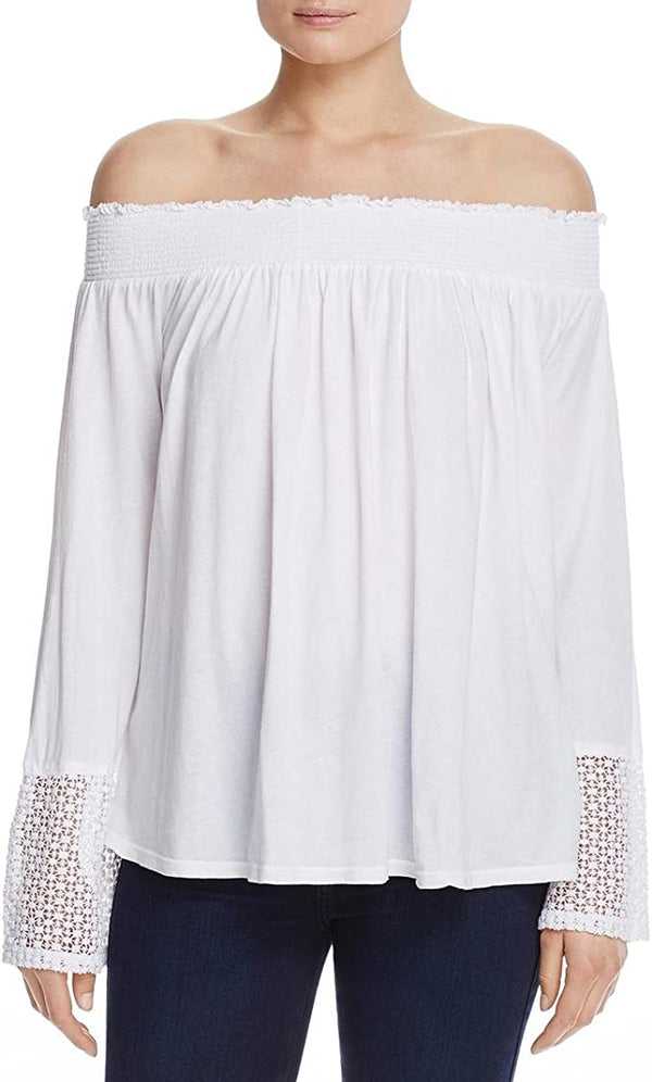 Three Dots Womens Trellis Lace Peasant Top,White,Small