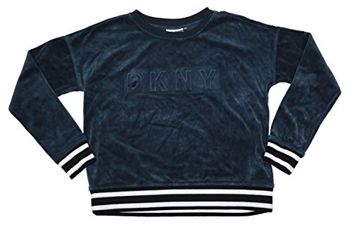 DKNY Sport Boxy Fit Velour Long Sleeve Raised Logo Pullover Sweatshirt Black L