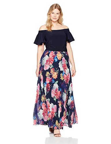 Xscape Womens Plus Size Pleated Floral Off The Shoulder Gown