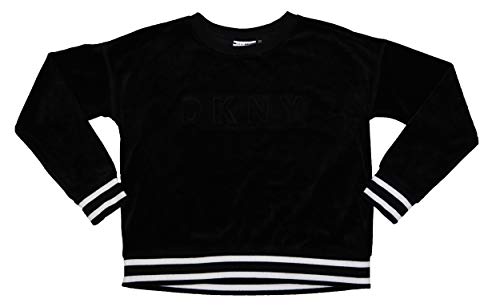 DKNY Sport Boxy Fit Velour Long Sleeve Raised Logo Pullover Sweatshirt Black L